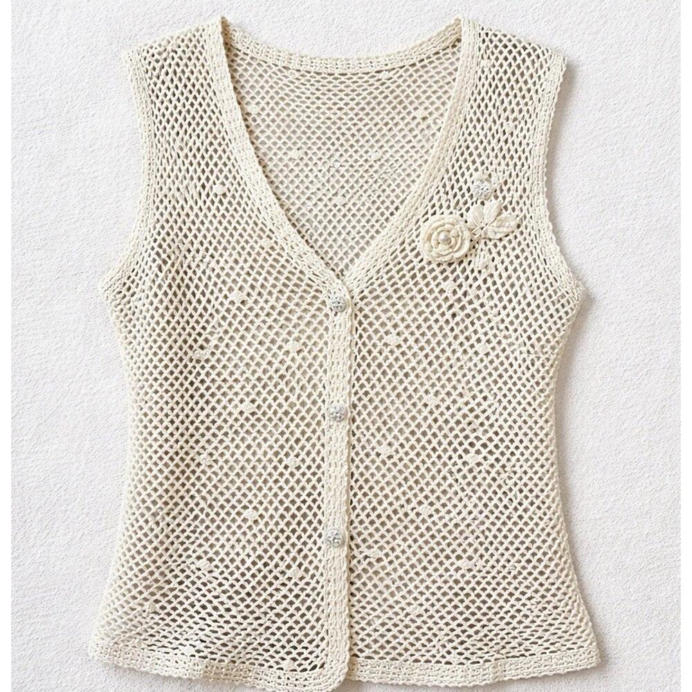 VTG Crochet Knit Vest Boho Festival Cottagecore Handcrafted Style‎ Top Cream S - Picture 2 of 11